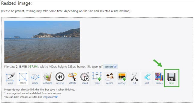 이미지 사이즈 재조정까지 완성되면, 'save' 버튼을 클릭하여 파일 저장